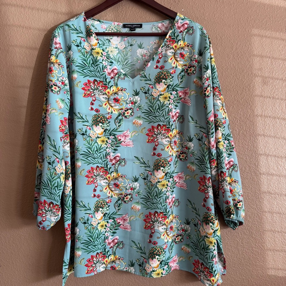 Mario Serrani Italy Green Floral V-Neck Blouse Size XXL